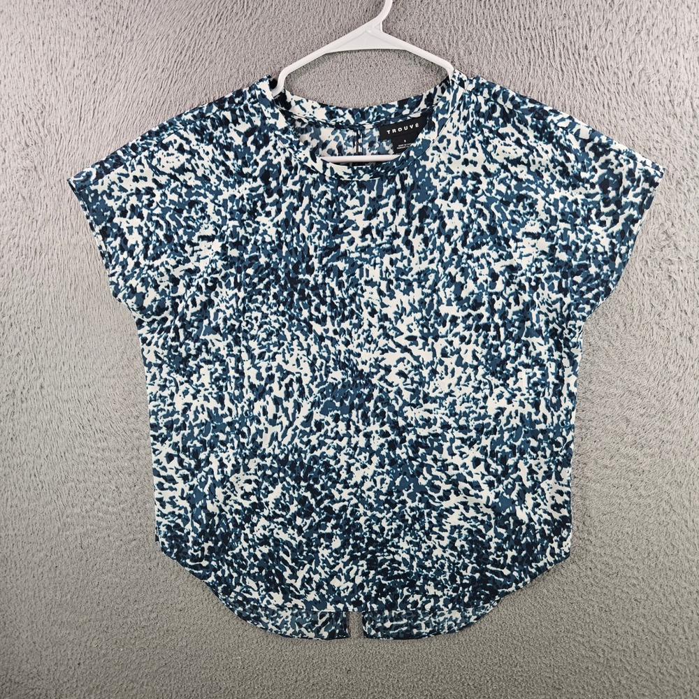 Trouve Womens Small Blue White Abstract Print Short Sleeve Blouse